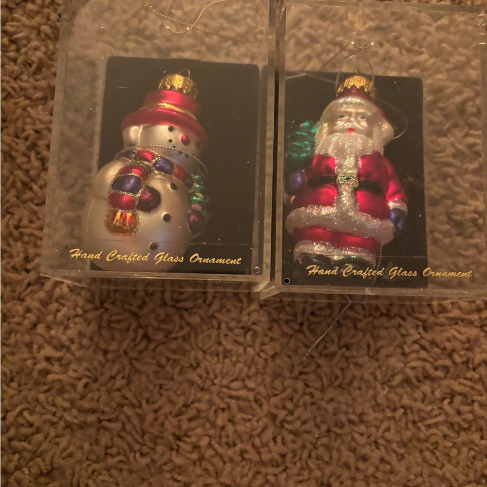 Hand Crafted Glass Ornaments - Snowman and Santa